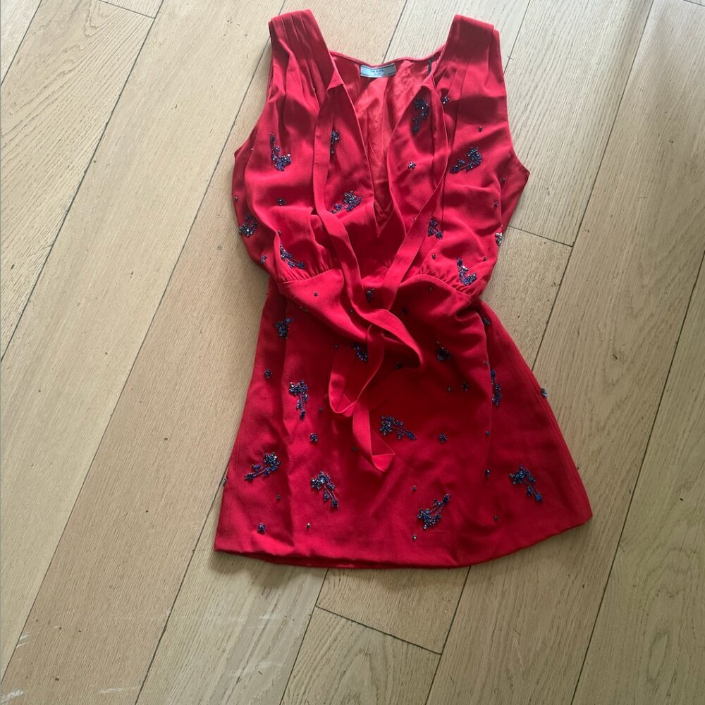 Prada Red Dress - Size 42 - Mini  - Blue Beads Embroidery